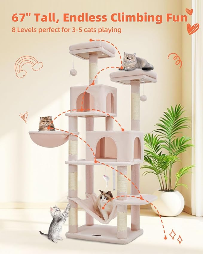 Taoqimiao Cat Tree, 66.2-Inch Cat Tower for Indoor Cats, Plush Multi-Level Cat Condo with 12 Scratching Posts, 2 Perches, 2 Caves, Hammock, 2 Pompoms, Jelly Pink MS013P