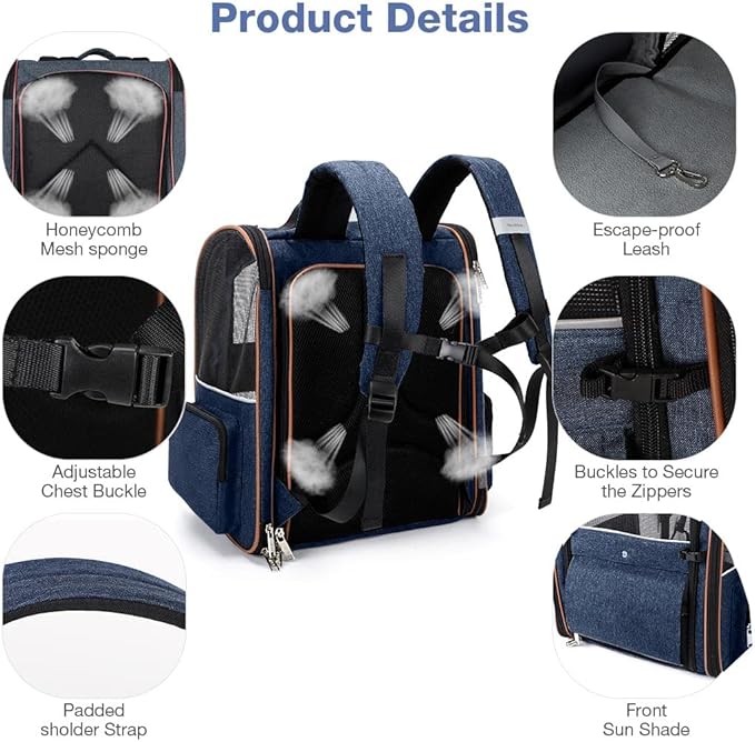 Lekebobor Extra Large Cat Backpack Carrier Expandable Pet Carrier Backpack for Small Dogs Medium Cats Fit Up to 18 Lbs, Dog Backpack Carrier, Foldable Puppy Backpack Carrier for Travel, Hiking,Blue