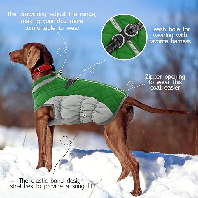 FUAMEY Dog Coat for Medium Dogs,Waterproof Dog Winter Jacket with Harness Built in Puppy Cold Weather Coats Reflective Pet Vest with Zipper Warm Fleece Dogs Snowsuit Windproof Green M