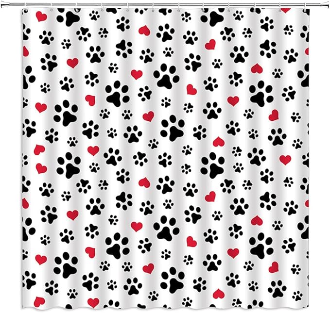 Dog Paw Print Shower Curtain Pet Lovers Cute Kitten Cat Footprint Red Love Heart Abstract Geometric Drawing Style Animal Decor Boys Girls Polyester Fabric Bathroom Curtain 70 x 70 Inch