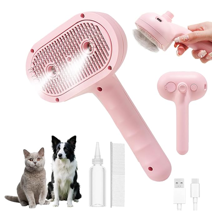 Cat Steam Brush with Release Button, 3-in-1 Steam Grooming Brush for Shedding, Hair Removal tool for Dogs & Cats, Self Cleaning Spray Comb with Mist for Long Haired Pets