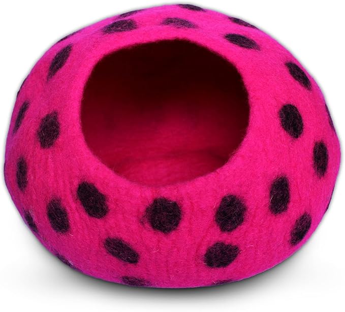Woolygon Premium Felt Cat Cave Bed - Polka Dot Series - Wool Kitty Beds Handcrafted Kitten Caves Bed for Indoor Cats - Eco-Friendly Merino Wool, Foldable Cat Hideaway Cat Houses (Pink/Black Dots)