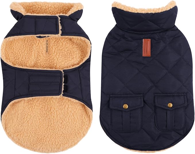 Queenmore Warm Puffer Dog Jacket, Quilting Winter Coat Ultra Thick Plush Lining with Storage Pockets (Dark Navy, X-Small)