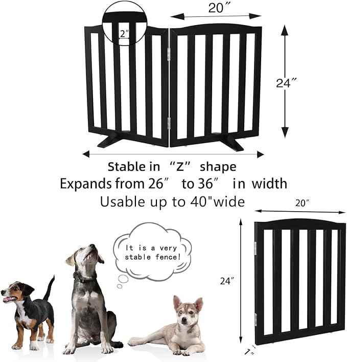 ZJSF Foldable Freestanding Indoor Dog Gate for House Wood Long Pet Gates Dog Fence for Stairs Puppy Gates for Hallways, Puppy Gate,Support Feet Included, Black, 24 "Height-2 Panels
