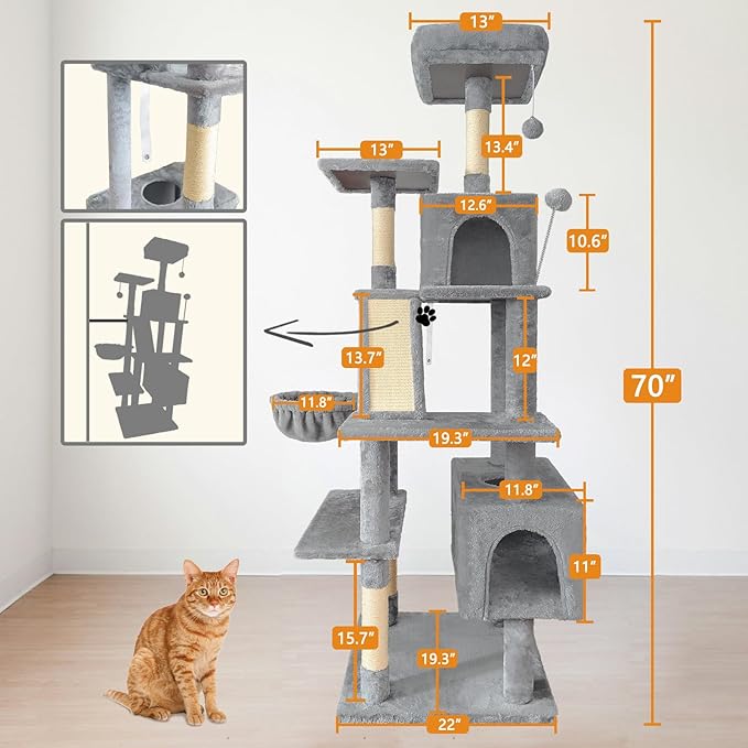 70" Cat Tree Tower for Indoor Cats, Multi-Level Cat Tower Condo with Sisal Scratching Post (Light Gray)