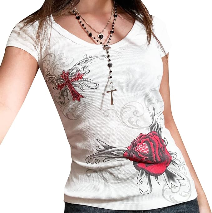 Women Y2K Graphic T-Shirts Summer Short Sleeve Punk Gothic Tee Tops Vintage 90s Aesthetic Emo Clothes Streetwear
