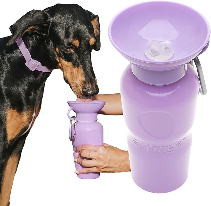 Springer Dog Water Bottle | Portable Travel Water Bottle Dispenser for Dogs | Dog Gift Seen on Oprah's Favorite Things, Shark Tank | Leak-Proof Bottles Fill Bowl with Water | BPA-Free 22oz Lilac