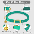 OOPSDOGGY Rolled Leather Cat Collar with Bell - Reflective Kitten Collar with Safety Elastic Strap - Adjustable Small Pet Collars for Boy Girl Cats (Teal)