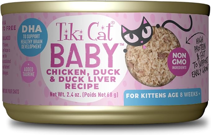 Tiki Cat Baby, Chicken Duck & Duck Liver Mousse & Shreds, High-Protein and Flavorful, Wet Cat Food for Kittens 4 Weeks Plus, 2.4 oz. Cans (Pack of 12)