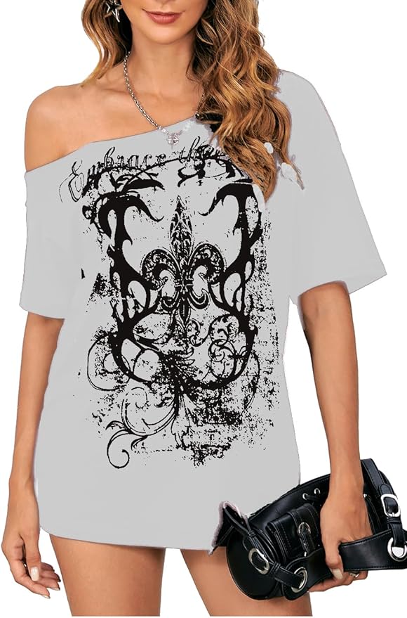 SOLY HUX Women's Off The Shoulder Tops Graphic Tees Y2k Vintage Gothic Oversized T Shirts Streetwear