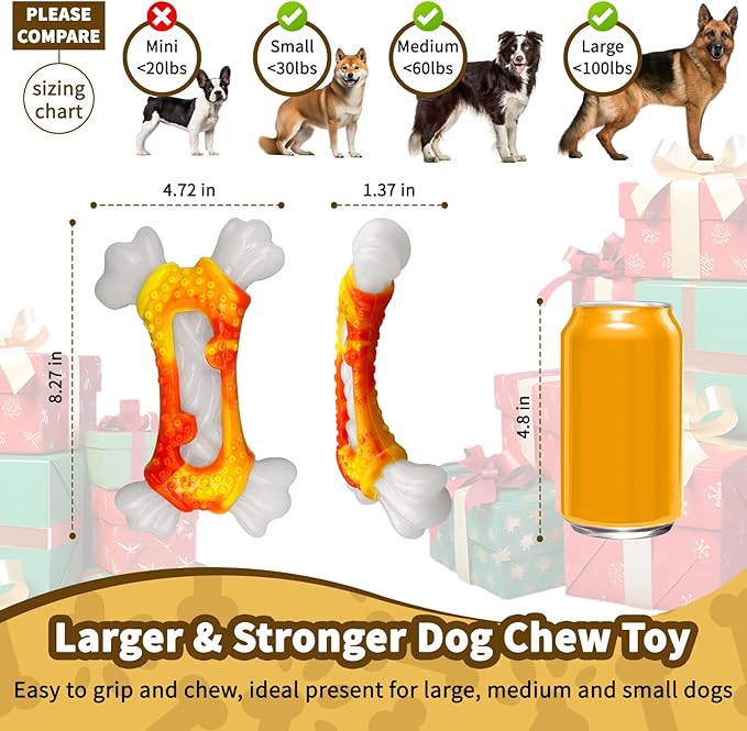 Dog Toys for Aggressive Chewers, Indestructible Dog Chew Toy for Large Dogs, Tough Dog Toys to Keep Them Busy for Small Medium Large Breed, Dog Chew Bone Toy, Bacon Flavor (Orange Bone)