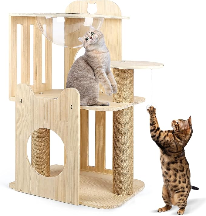 Cat Tree Tower, 32" Tall Wood Cat House Condo with Scratching Post, Cat Tower with Clear Space Capsule Detachable Cat Furniture for Indoor Small and Medium Cats