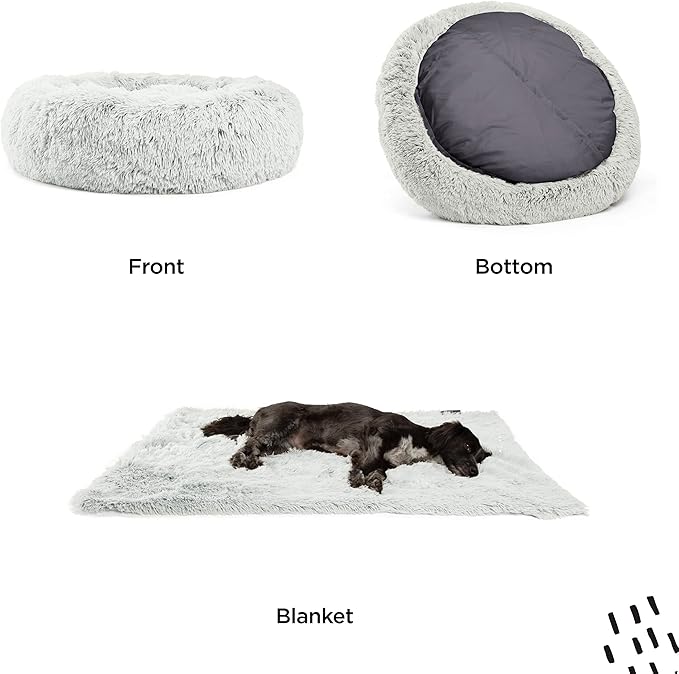 Best Friends by Sheri Bundle Set The Original Calming Shag Donut Cuddler Cat and Dog Bed + Pet Throw Blanket Frost Large 36" x 36"
