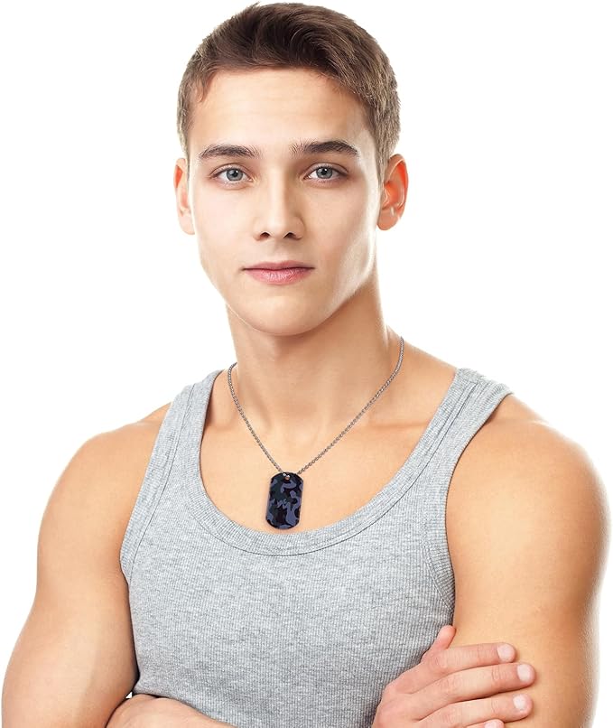 Saintrygo 48 Pcs Camouflage Dog Tags Military Acrylic Army Dog Tags Party Favors Camo Party Favors Include 24 Camo Necklaces with 24 Beaded Chains for Kids Men Women(Dark Colors)