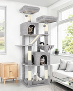 Globlazer Large Cat Tree Tower for Indoor Cats, 74in Tall Sturdy Cat Tree Condo for Large Cat with Scratching Posts and Board, Cat Condos for Adult Cats Kittens, Top Perches，Pet Bed, F74D, Light Grey