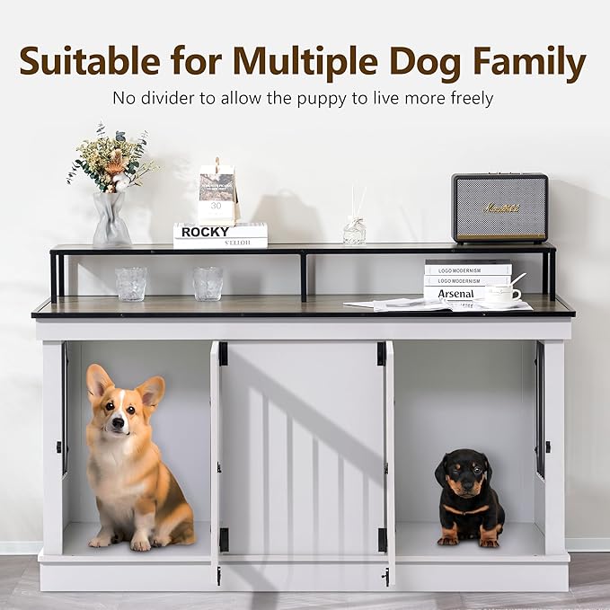 MCombo Large Dog Crate Furniture TV Stand, Wooden Pet Kennel with Double Doors, Indoor Furniture Style Dog House End Table, 1861 (Light Grey)