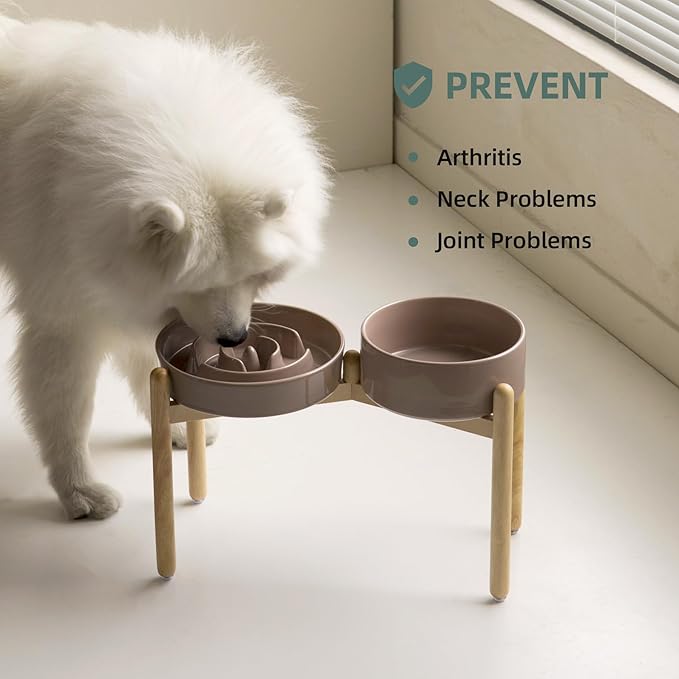 Ceramic Raised Slow Feeder Dog Bowl Set, Elevated 8.2inch Bowl and 9.5inch Puzzle Slow Food Dish with Wooden Stand for Large Dog, Anti-Gulping (2X Brown Coffee+ Stand)