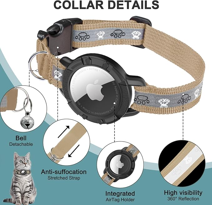 Reflective AirTag Cat Collar, Integrated Cat Tracker Collar with Air Tag Holder and Bell, Safety Elastic Band Cat GPS Collars for Girl Boy Cats, Kittens and Puppies (Khaki,S)