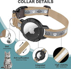 Reflective AirTag Cat Collar, Integrated Cat Tracker Collar with Air Tag Holder and Bell, Safety Elastic Band Cat GPS Collars for Girl Boy Cats, Kittens and Puppies (Khaki,S)