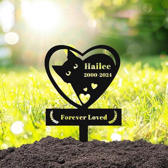 Personalized Cat Memorial Grave Marker Cross Stake, Custom Metal Engraved Sign, Heart Style