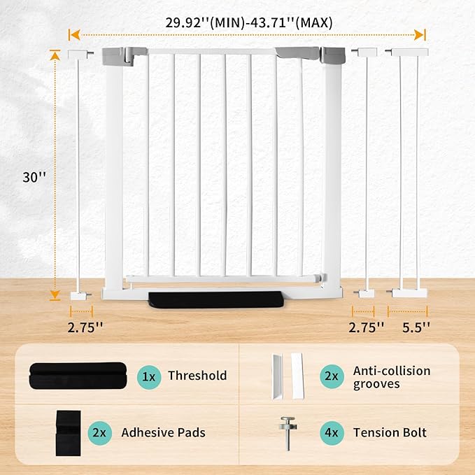 30 Inch Tall Baby Gate Auto Close Dog Gate Adjustable 29.92"-43.71" Wide Pressure Mounted Walk Through Swing Pet Gate for Doorways (29.92"-43.71" Wide)