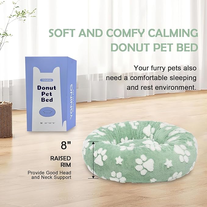 Donut Dog Beds for Medium Dogs, Calming Round Cat Beds for Indoor Cats, Cute 3D Textured Paw Pet Bed with Removable Washable Cover and Anti-Slip Bottom（Green，30"）