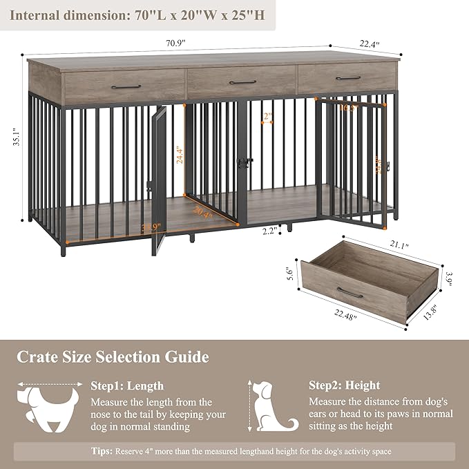 HOSTACK Double Dog Crates Furniture, 71" Wide Indoor Dog Kennel with 3 Drawers, Farmhouse Dog Cage for 2 Large/Medium Dogs, Heavy Duty Dog Crate with Removable Divider, Wooden Pet House, Ash Grey
