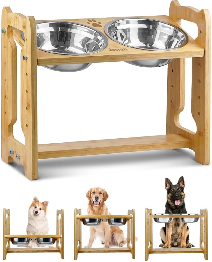 Elevated Dog Bowls, Adjustable Raised Dog Bowl Stand for Medium Large Size Dogs, Durable Bamboo Dogs Feeder with 2 Stainless Steel Bowls and Non-Slip Feet, Pet Food Bowl for Medium Large Sizes