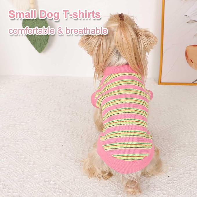 Dog Shirt, Pet Clothes for Chihuahua, Yorkie Teacup Costumes Striped, Small Dogs Sleeveless Tank Top Vest, Breathable Cotton Puppy T-Shirt, Cat Apparel Outfit (Pink, S)