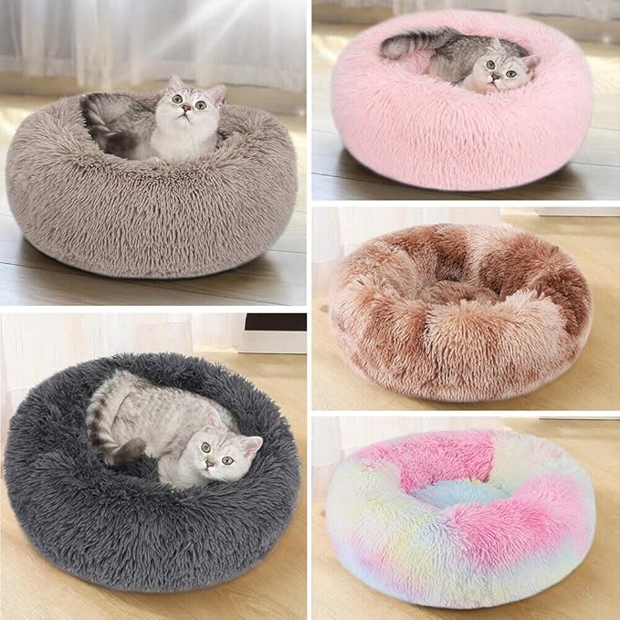 Cat Beds for Indoor Cats - Cat Bed Washable 20/24 inches, Dog Beds for Small Medium Dogs, Anti Anxiety Round Fluffy Plush Faux Fur Cat Bed, Thick Bottom (Blue, Medium)