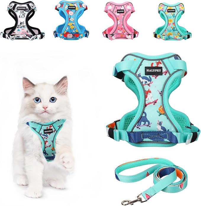 Halypet Cat Harness and Leash Set[MAX Safety 4th-Gen] Cute Escape Proof Vest Harness for Girl&Boy Cat Walking, Comfortable Adjustable Leash and Reflective Strips for Outdoor Kitten, XS Purrfect Green