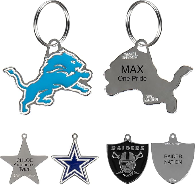 NFL Detroit Lions Engraving Pet ID Tags in 32 Team Logo Shapes Personalized Dog Tags and Cat Tags with 3 Lines of Customizable Text for Tracking & Safety. Stainless Steel Pet ID Tracking Tags