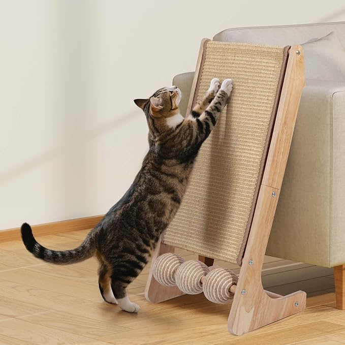 Cat Scratcher with Ball - 28 Inch Cat Scratch Ramp for Indoor,Wooden Climbing Cat Scratching Post Furniture (L with Ball)