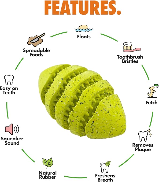 Max Fusion Made with Nike Grind, Arlee Spiro Football Dog Toy for All Dogs, Durable & Natural Rubber Chew Toy for Play, Fetch & Chewing, Medium, Green, 1 Count
