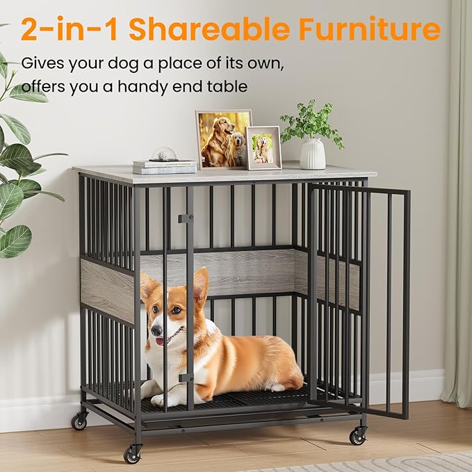 Dog Crate Furniture for Small Dogs, 31 Inch Indoor Puppy Kennel, Wooden Pet Cage Decorative Corner End Table with Caster Wheels & Removable Tray, Greige