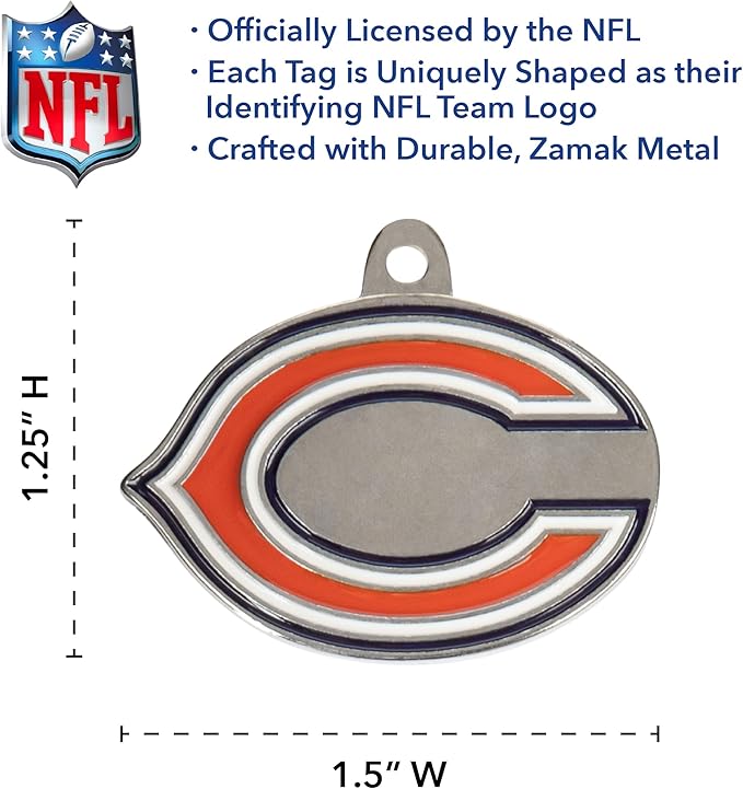 NFL Chicago Bears Engraving Pet ID Tags in 32 Team Logo Shapes Personalized Dog Tags and Cat Tags with 3 Lines of Customizable Text for Tracking & Safety. Stainless Steel Pet ID Tracking Tags