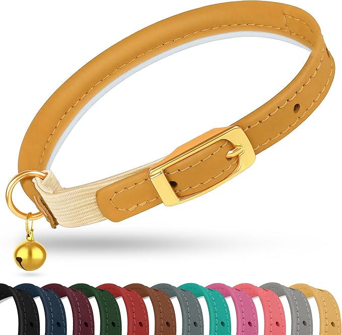 OOPSDOGGY Rolled Leather Cat Collar with Bell - Reflective Kitten Collar with Safety Elastic Strap - Adjustable Small Pet Collars for Boy Girl Cats (Camel)