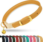 OOPSDOGGY Rolled Leather Cat Collar with Bell - Reflective Kitten Collar with Safety Elastic Strap - Adjustable Small Pet Collars for Boy Girl Cats (Camel)
