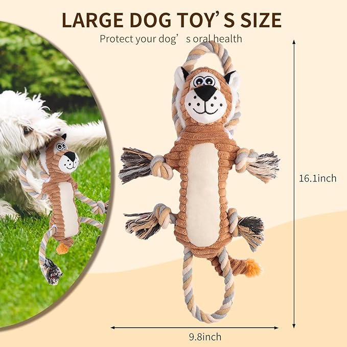 Squeaky Dog Toys Interactive Durable Rope-Infused Lion Shape Puppy Chew Toys for Small, Medium and Big Dogs