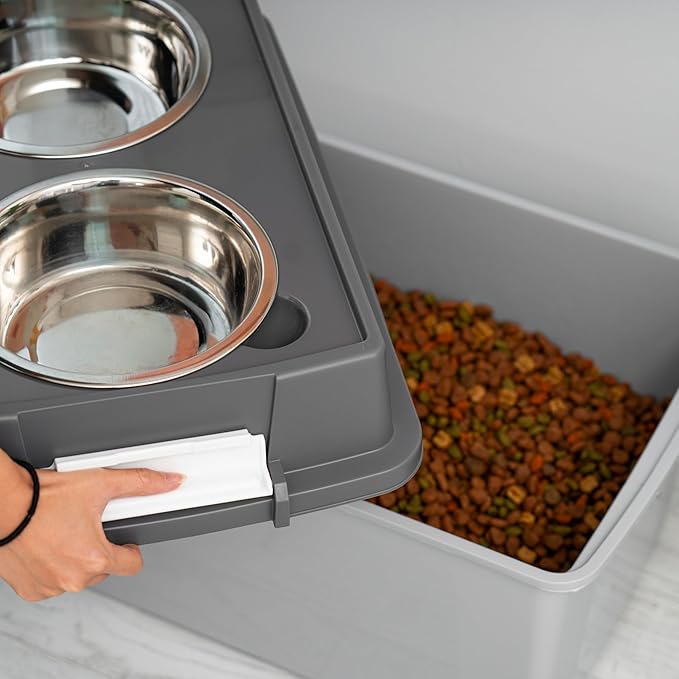 IRIS USA Elevated Dog Bowls, 15" H Raised Bowl for Large Dogs, Airtight Pet Food Storage Holds Up to 47 Lbs, 2 Removable 64 oz Stainless Steel Bowls, at Home or Camping, Dark Gray