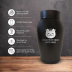 Personalized Custom Small Keepsake Urn Engraved with Pet Name, Date and Cat Design - 5.2" Black Powder Coated Steel Cremation Urn for Cat Ashes - Airtight Closure | 12-16 lb Capacity, Cat with Halo