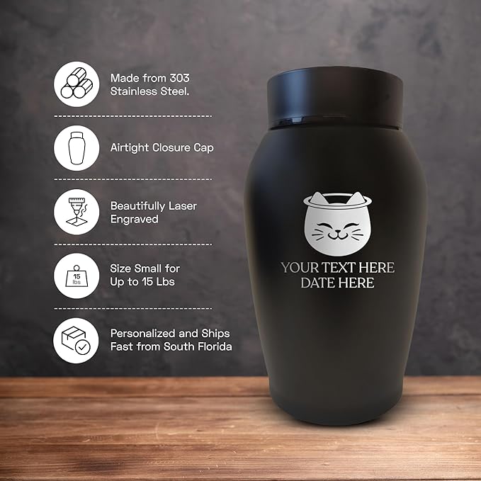 Personalized Custom Small Keepsake Urn Engraved with Pet Name, Date and Cat Design - 5.2" Black Powder Coated Steel Cremation Urn for Cat Ashes - Airtight Closure | 12-16 lb Capacity, Cat with Halo