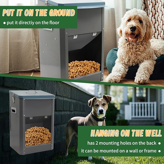 Automatic Dog Feeder with Handle,25 Pounds Large Breed Indoor or Outdoor Auto Dog Food Dispenser Galvanized Gravity Livestock Automatic Feeder