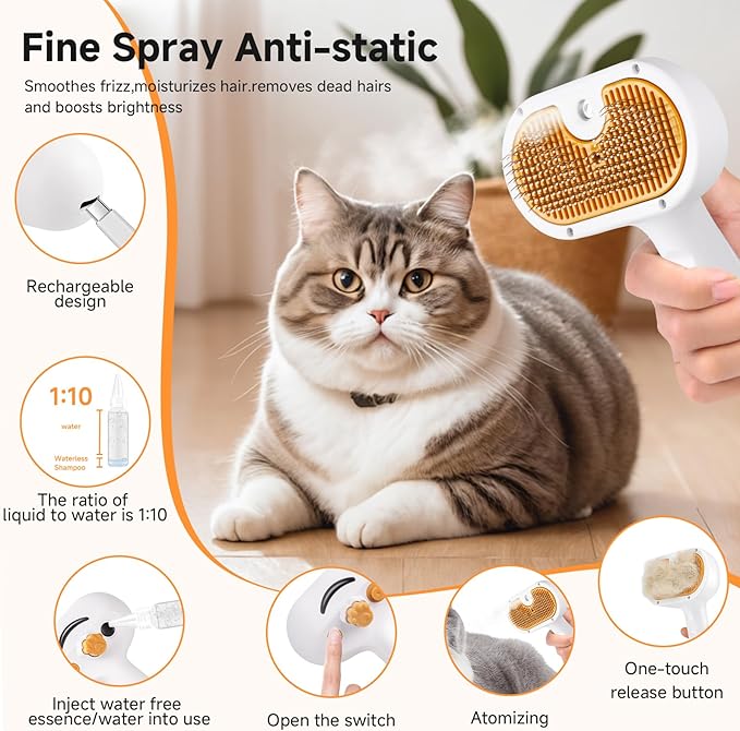 Pet Steam Brush for Dog & Cat – 3-in-1 Spray Hair Removal Comb – Steam for Shedding & Grooming – Water Brush for Long & Short Haired Pets – Spritz Defur Comb – Includes Waterless Shampoo