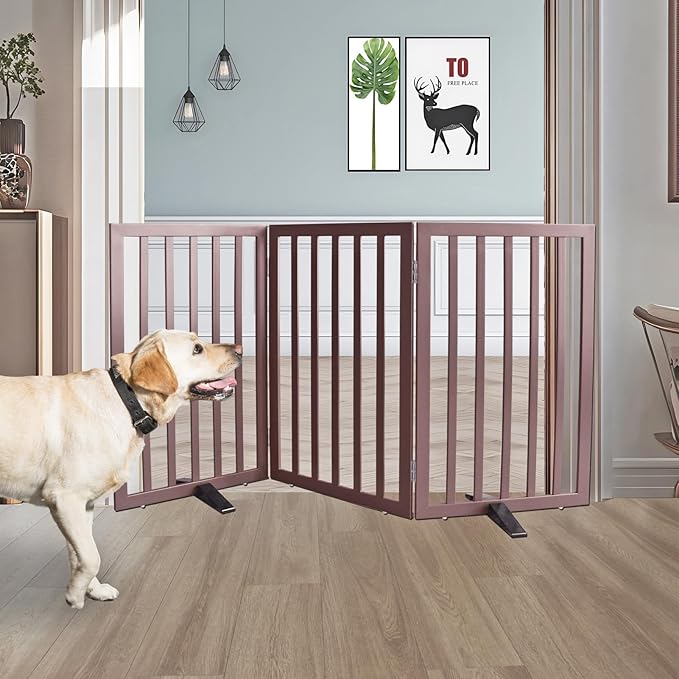 ZJSF Freestanding Indoor Dog Gate for House Foldable Wood Puppy Gate for Doorways Pet Gate for Stairs Extra Wide Pet Fence, Brown, 32" Height 3 Panels