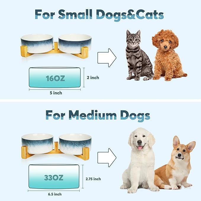 YOBRO Elegant Dog Bowls Set for Small Breeds, Beautiful Ceramic Stone Alike Style, Pet Bowl Set with Wooden Stand, Non-Slip,Modern Food or Water Dishs for Small Size Dogs, Gifts for Dog Owners, Blue