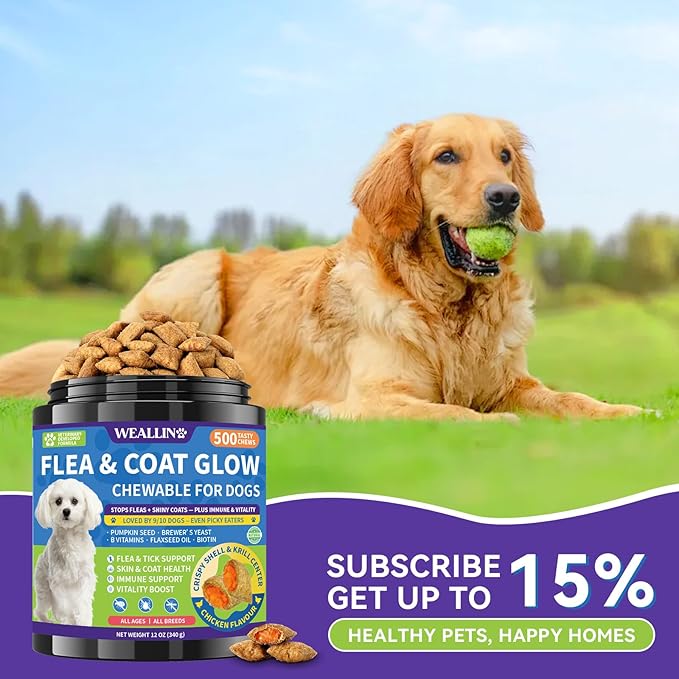 Flea and Tick Prevention for Dogs, Dog Flea Treatment with Skin & Coat Support 500 Crunchy & Krill Chews Dog Flea and Tick Treatment Chewable for Immunity & Energy for All Breeds & Ages Chicken Flavor