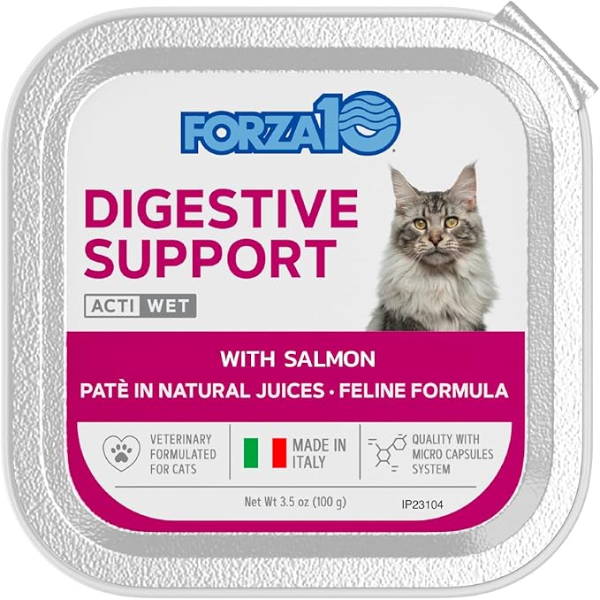 Forza10 - Cat Food, Vet-Approved Digestive Wet Cat Food, Salmon Flavor, Sensitive Stomach Support for Adult Cats with Gastrointestinal & Digestive Issues, Made in Italy (3.5 oz, 32 Pack)
