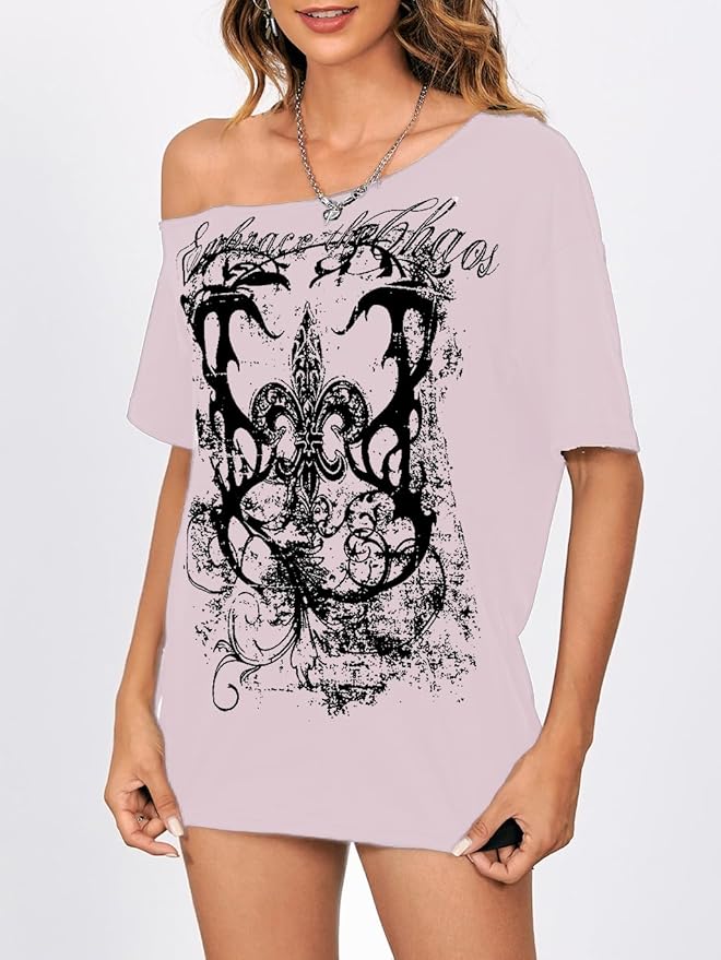 SOLY HUX Women's Off The Shoulder Tops Graphic Tees Y2k Vintage Gothic Oversized T Shirts Streetwear