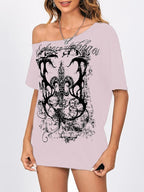 SOLY HUX Women's Off The Shoulder Tops Graphic Tees Y2k Vintage Gothic Oversized T Shirts Streetwear